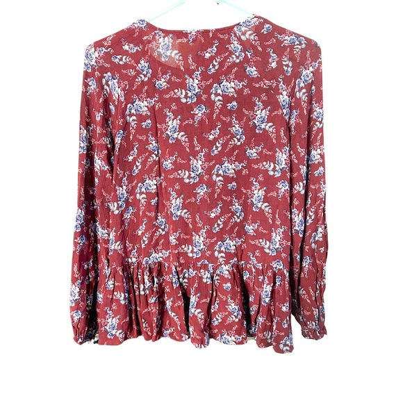 🔥 AMERICAN EAGLE | Women’s Floral Keyhole Peplum Top | Medium | Burgundy - Picture 2 of 9